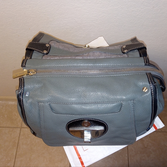 Michael Kors Leather Purse Hand Shoulder Bag Pebble Grain Gray Black Flap 2 Way - Picture 10 of 16